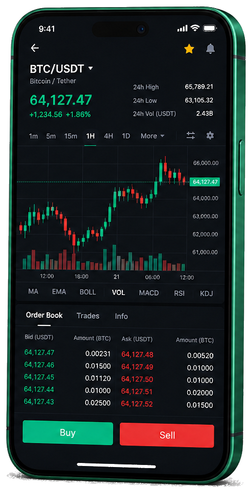 Segno Revenix piattaforma di trading mobile: grafico BTC/USDT in tempo reale, registro ordini e interfaccia di acquisto/vendita